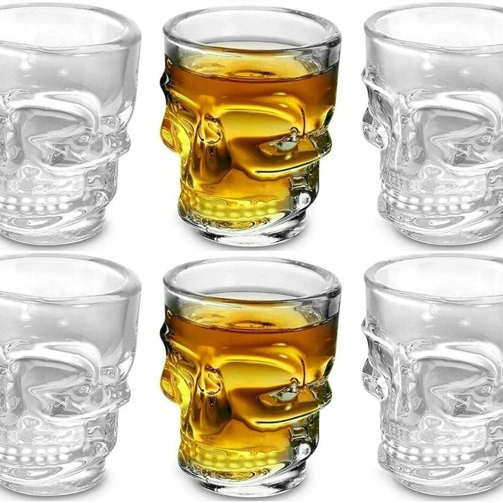 NEW Clear Glass Sculpted SKULL Shot glasses - Set of 6